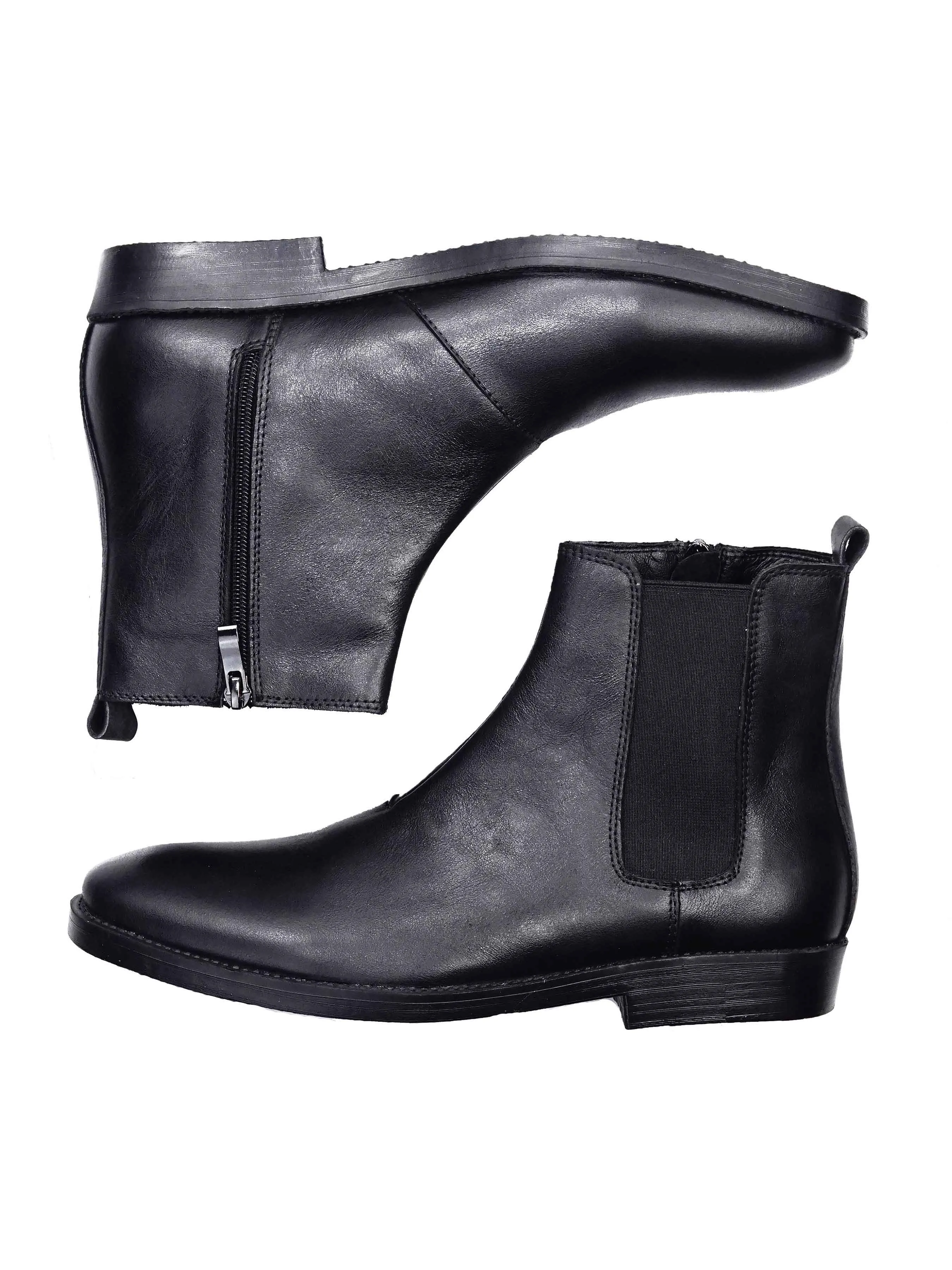 Chelsea Boots With Zipper - Solid Black Leather (Crepe Sole)