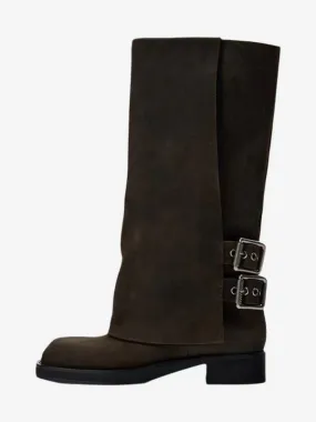 Coffee Brown Suede Knee High Boots with Buckle Detail