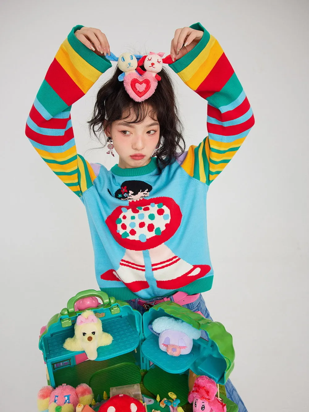 Colorful Rainbow Border Girl Fancy Knit