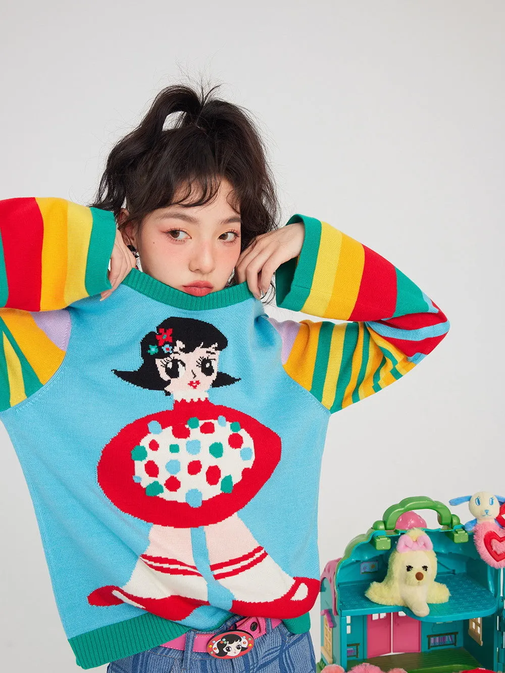 Colorful Rainbow Border Girl Fancy Knit