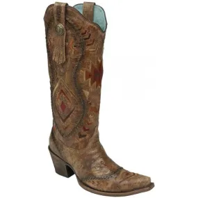 Corral Boots LD Cognac Multicolor Ethnic Pattern Whip Stitch C2872