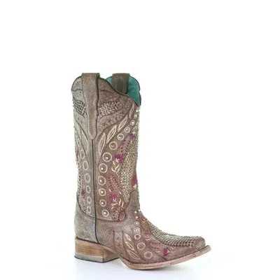 Corral Ladies Taupe Flowered Embroidery & Crystal Studs Boots E1520