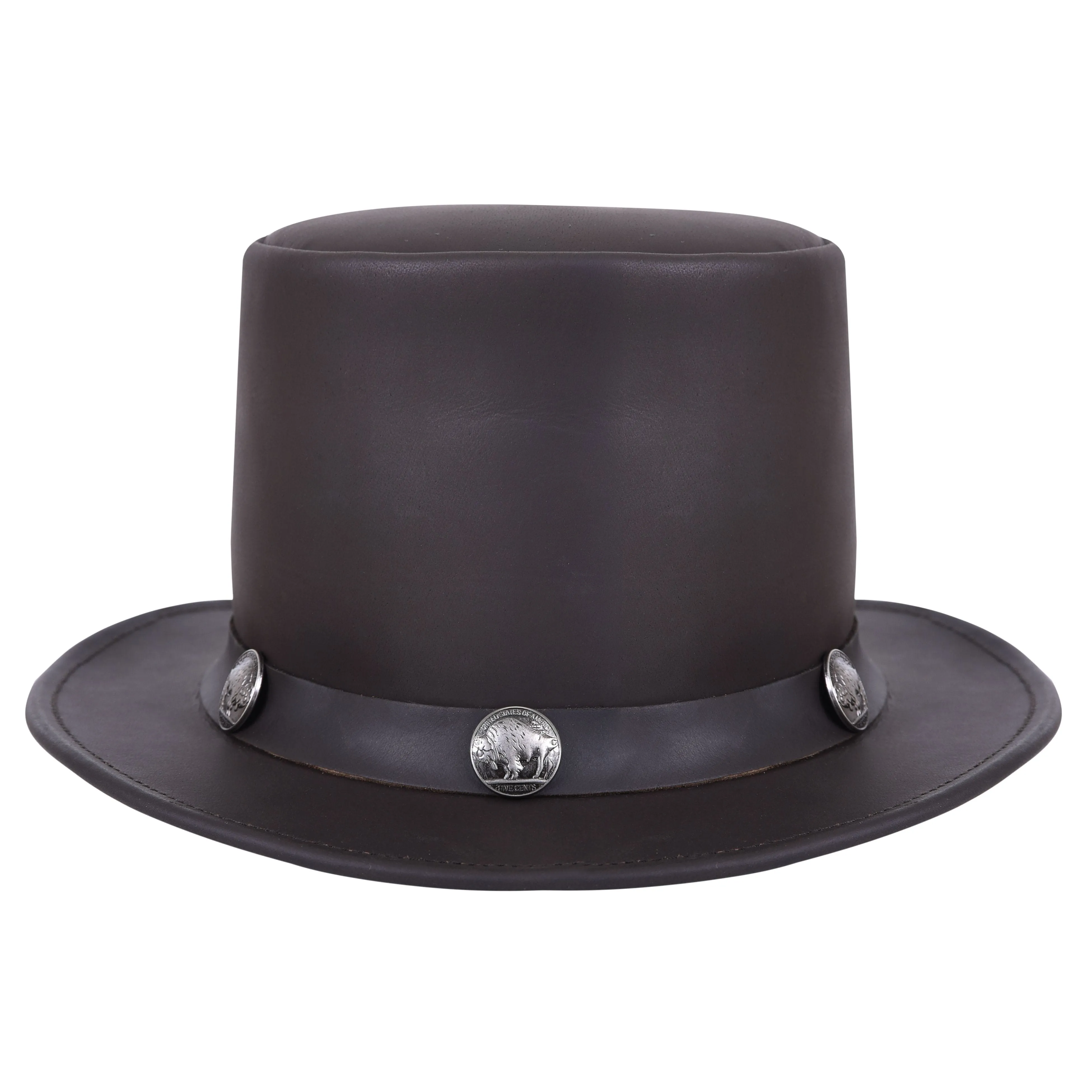 Cowhide Leather Top Hat With Buffalo Nickel Band - Brown