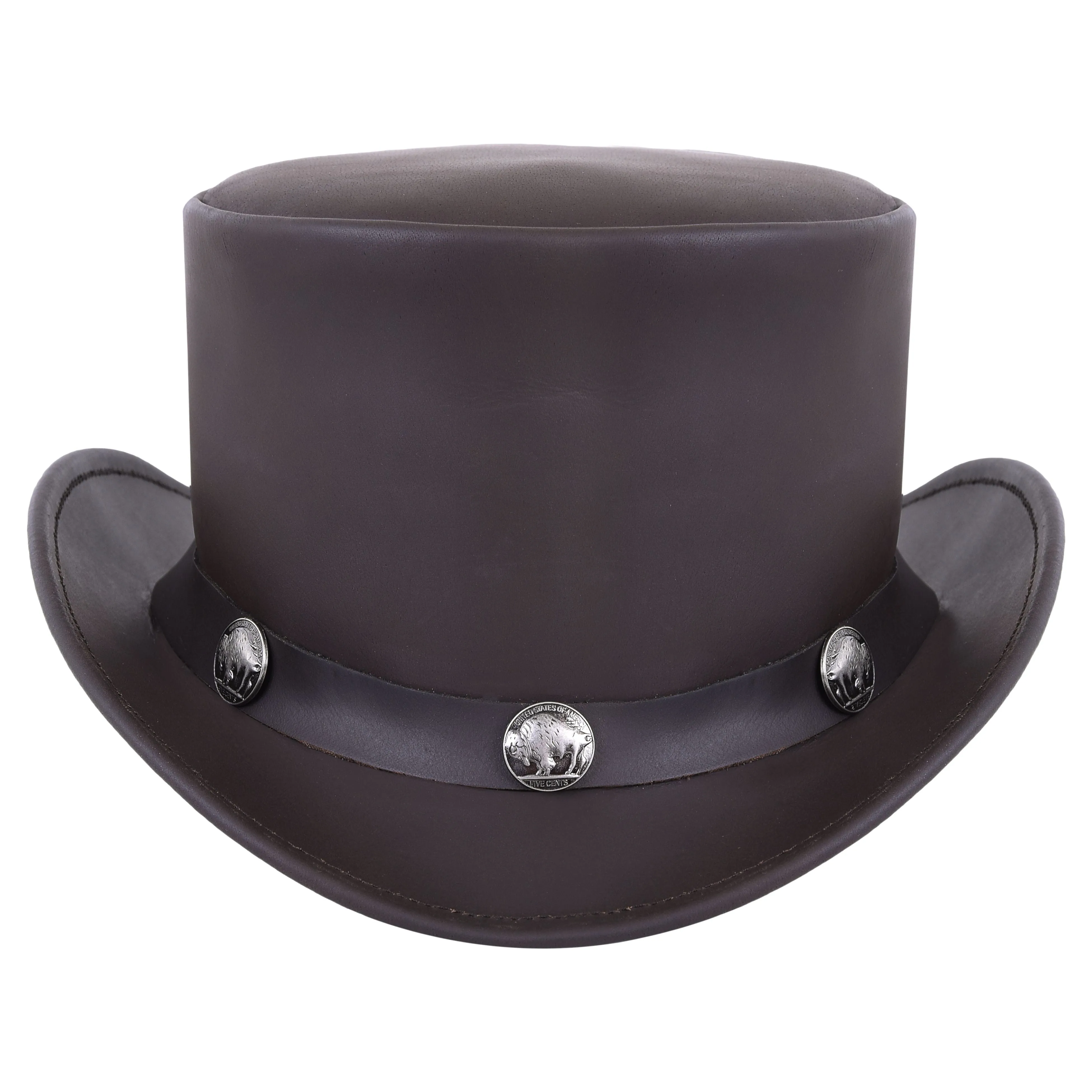 Cowhide Leather Top Hat With Buffalo Nickel Band - Brown