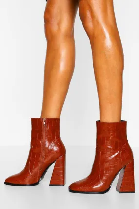 Croc Square Toe Flare Heel Booties