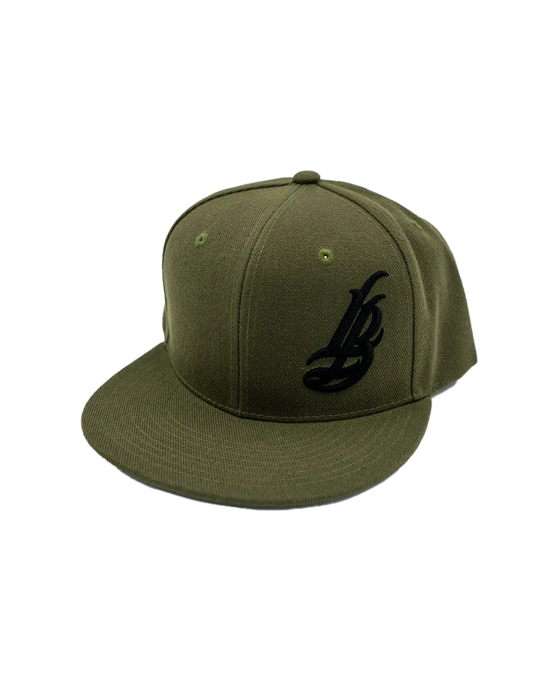 Cursive LB Black on Moss Green Snapback Hat