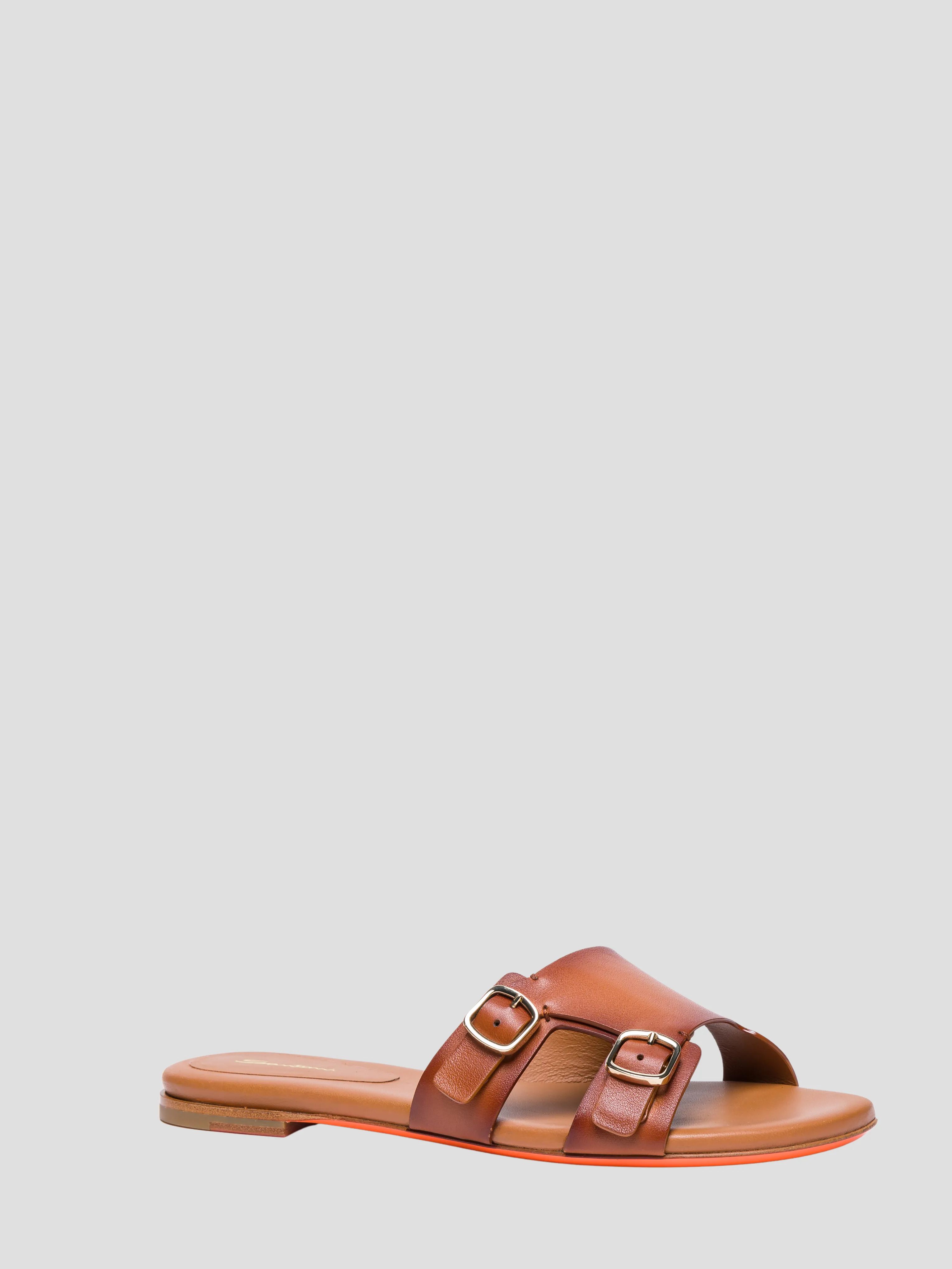 Brown Flat Sandals with Double Buckles