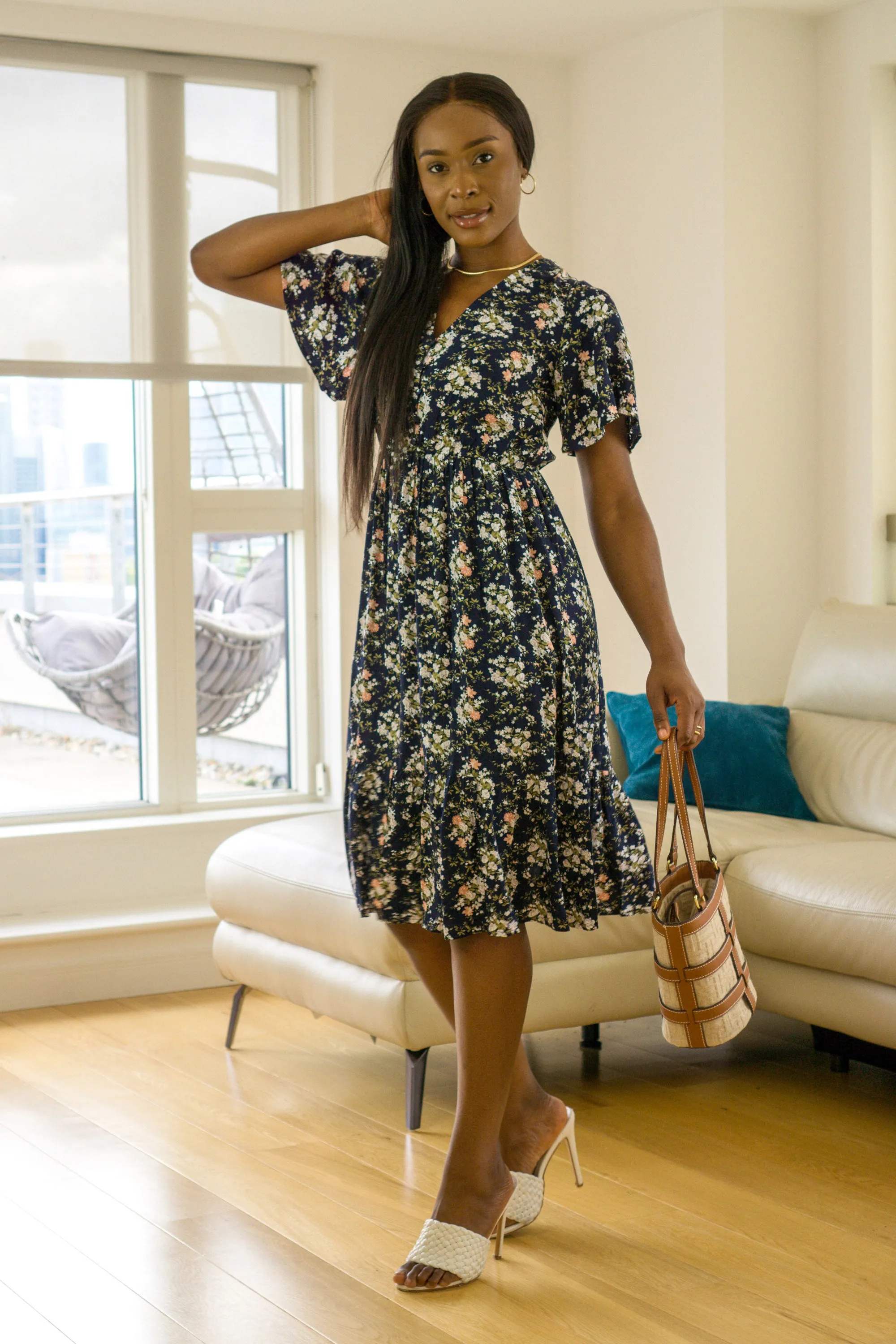 Second Navy Floral Tiered Midi Dress