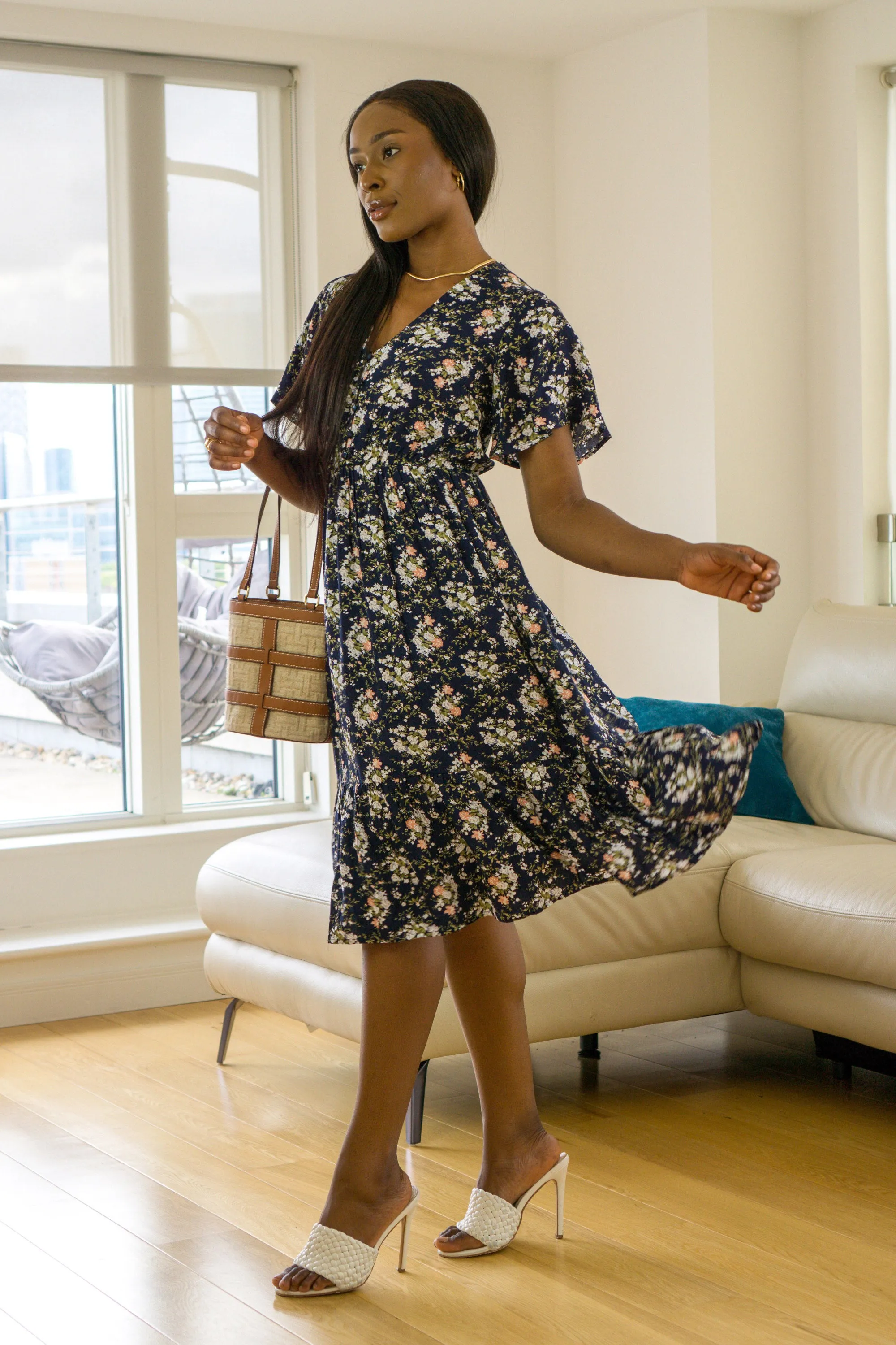 Second Navy Floral Tiered Midi Dress