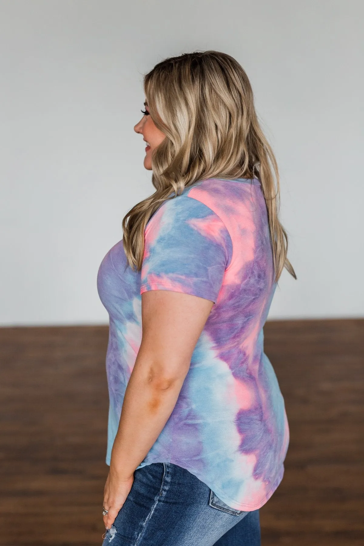 Draw Me Closer Tie Dye V-Neck Top- Blue, Pink, Purple