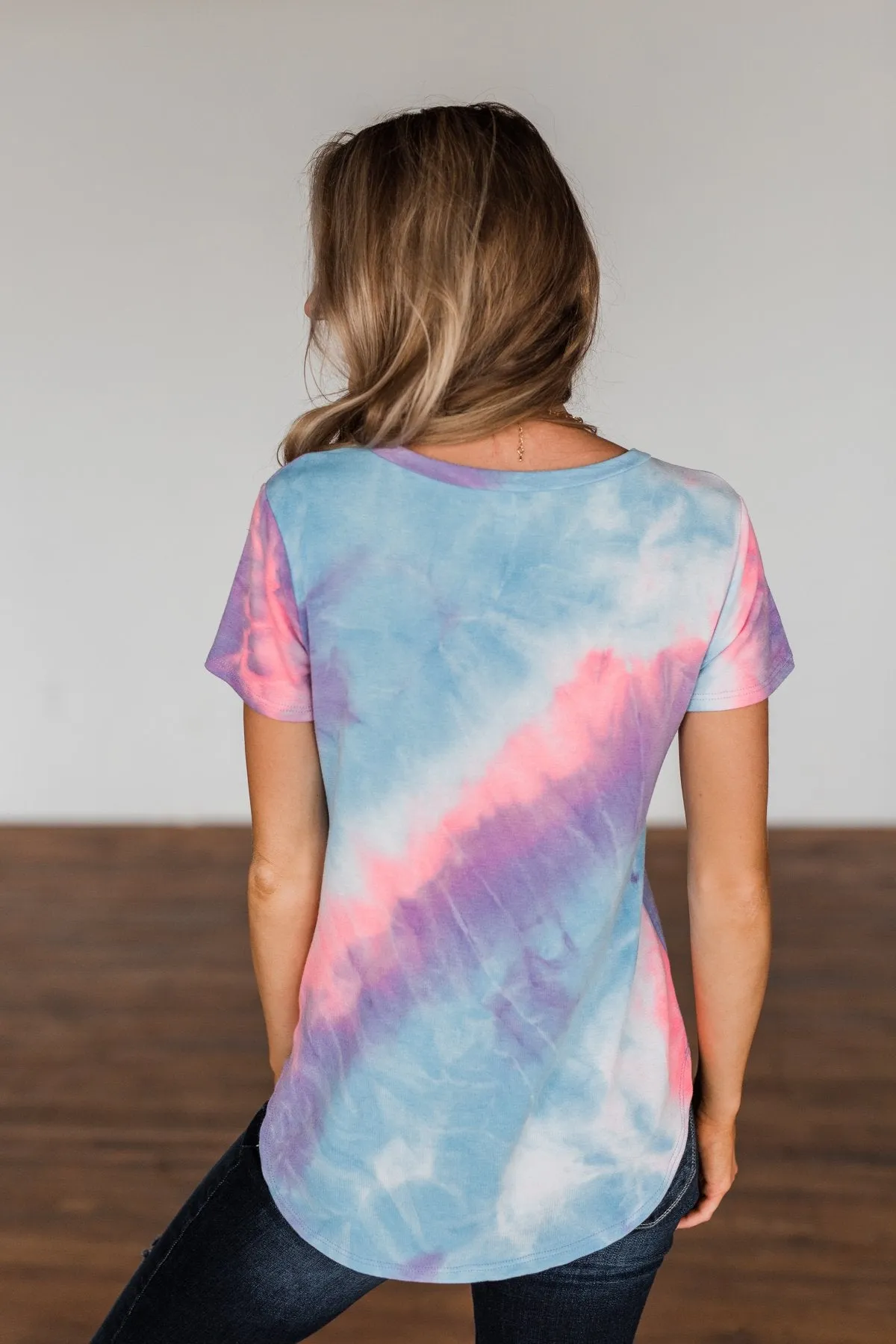 Draw Me Closer Tie Dye V-Neck Top- Blue, Pink, Purple