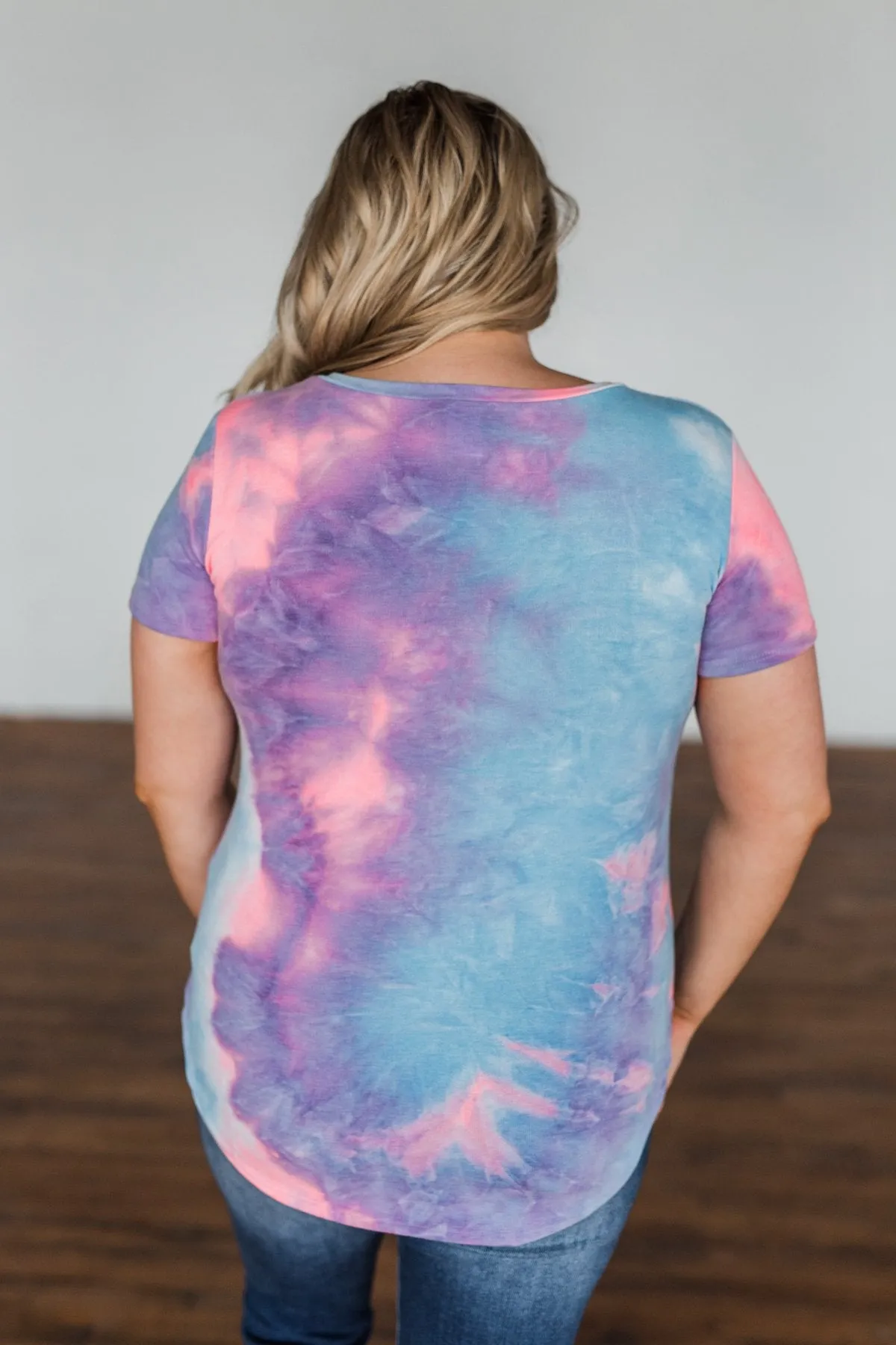 Draw Me Closer Tie Dye V-Neck Top- Blue, Pink, Purple