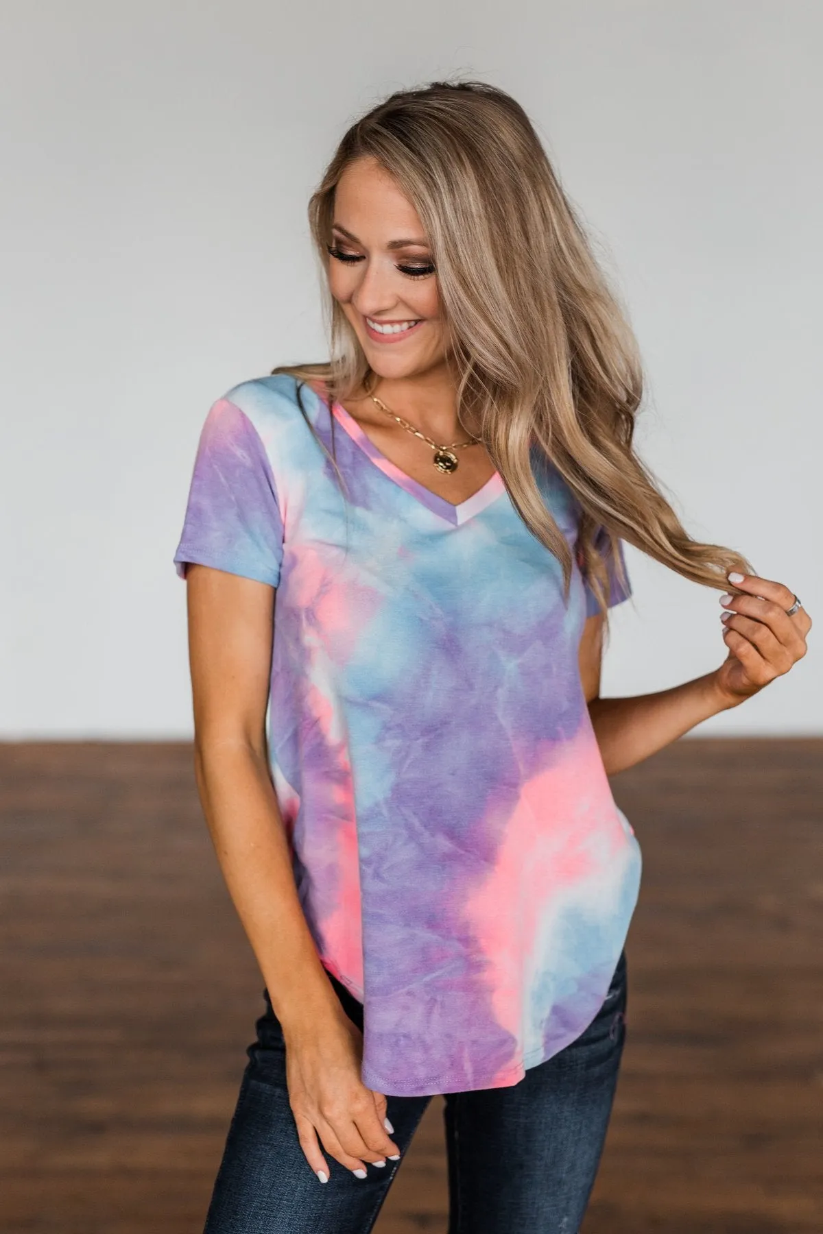 Draw Me Closer Tie Dye V-Neck Top- Blue, Pink, Purple