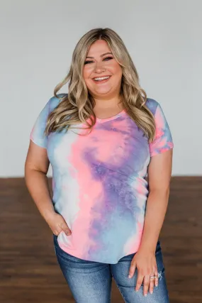 Draw Me Closer Tie Dye V-Neck Top- Blue, Pink, Purple