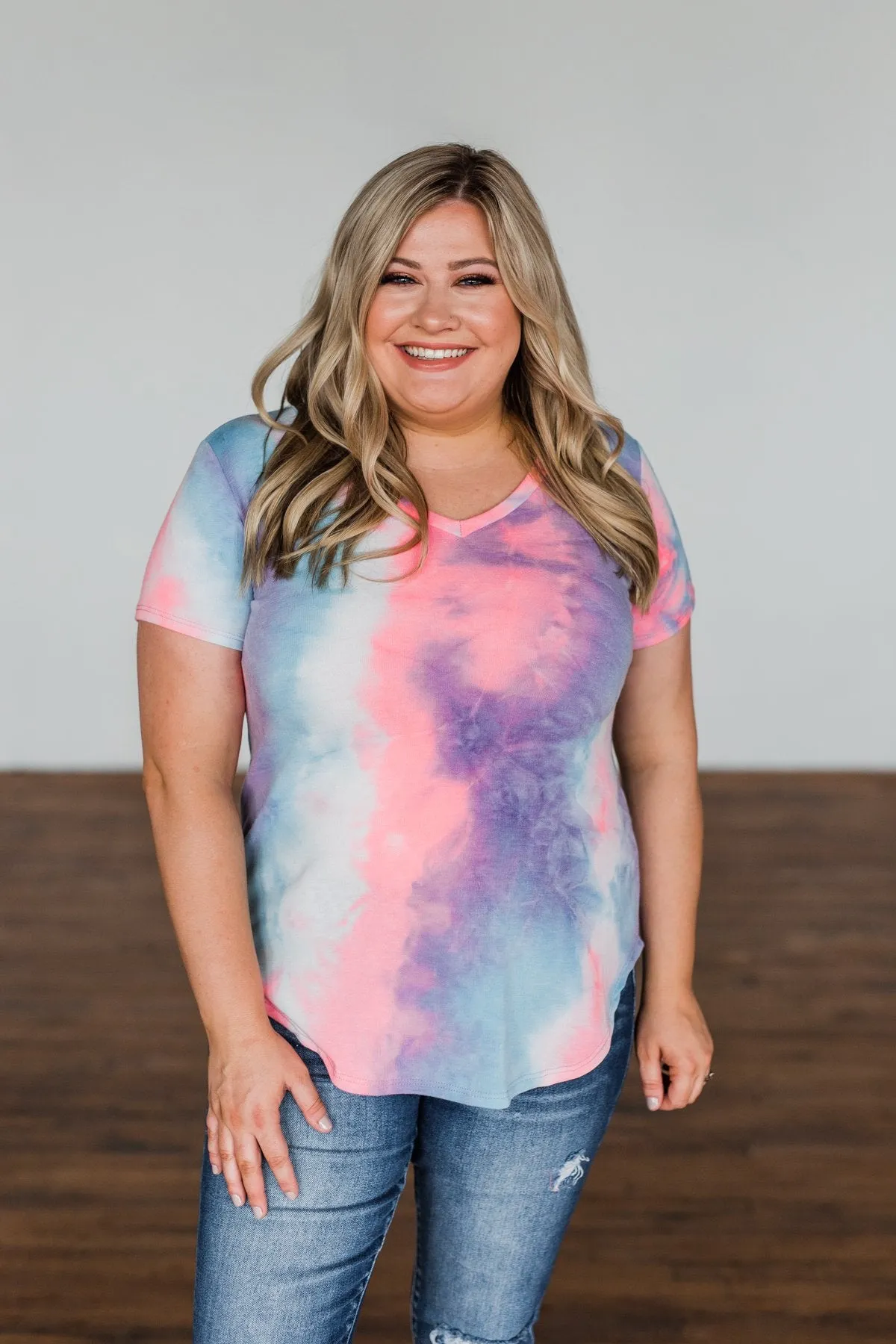 Draw Me Closer Tie Dye V-Neck Top- Blue, Pink, Purple