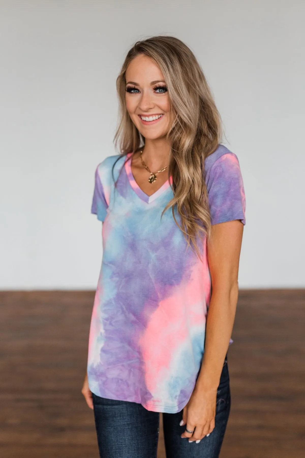 Draw Me Closer Tie Dye V-Neck Top- Blue, Pink, Purple