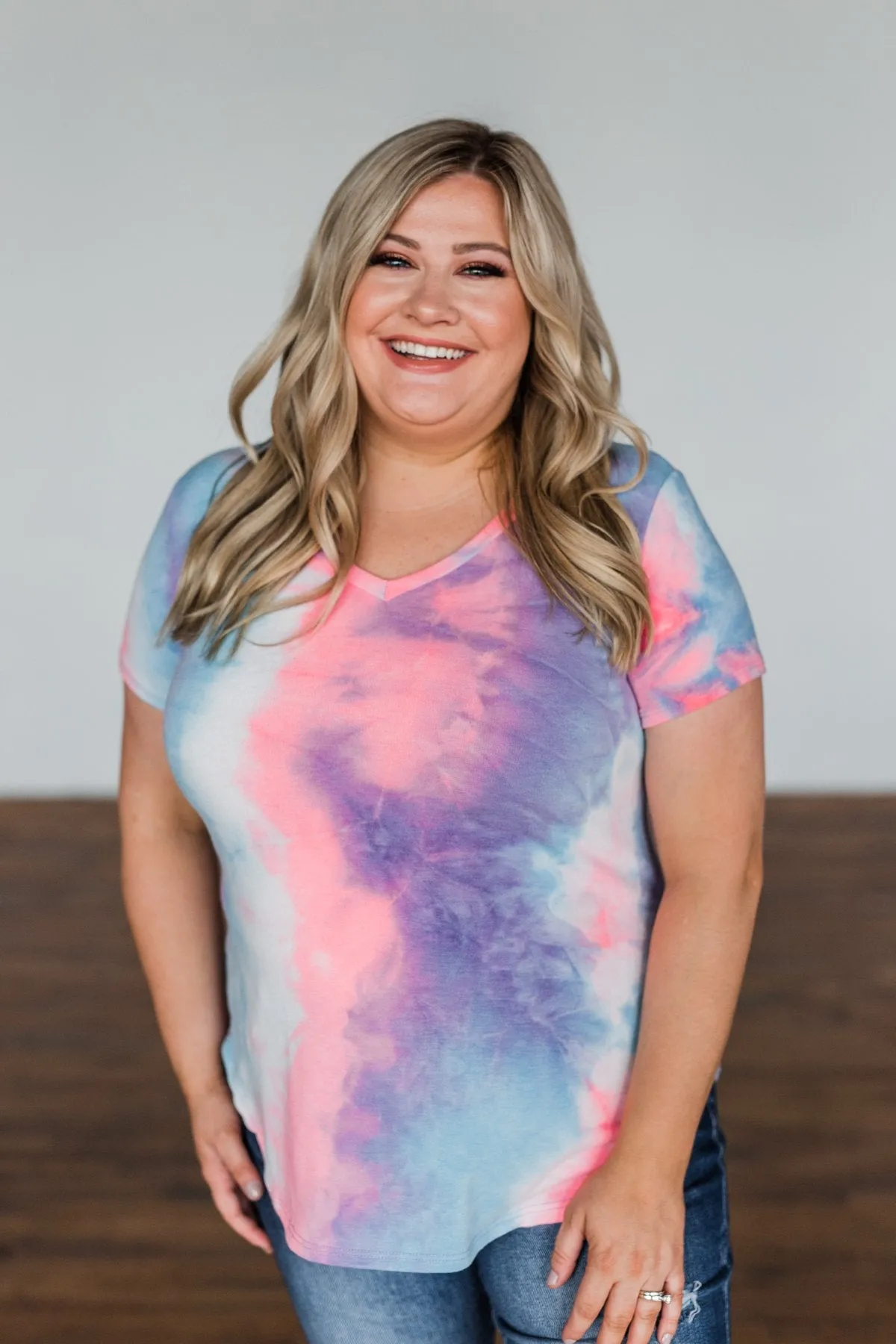 Draw Me Closer Tie Dye V-Neck Top- Blue, Pink, Purple