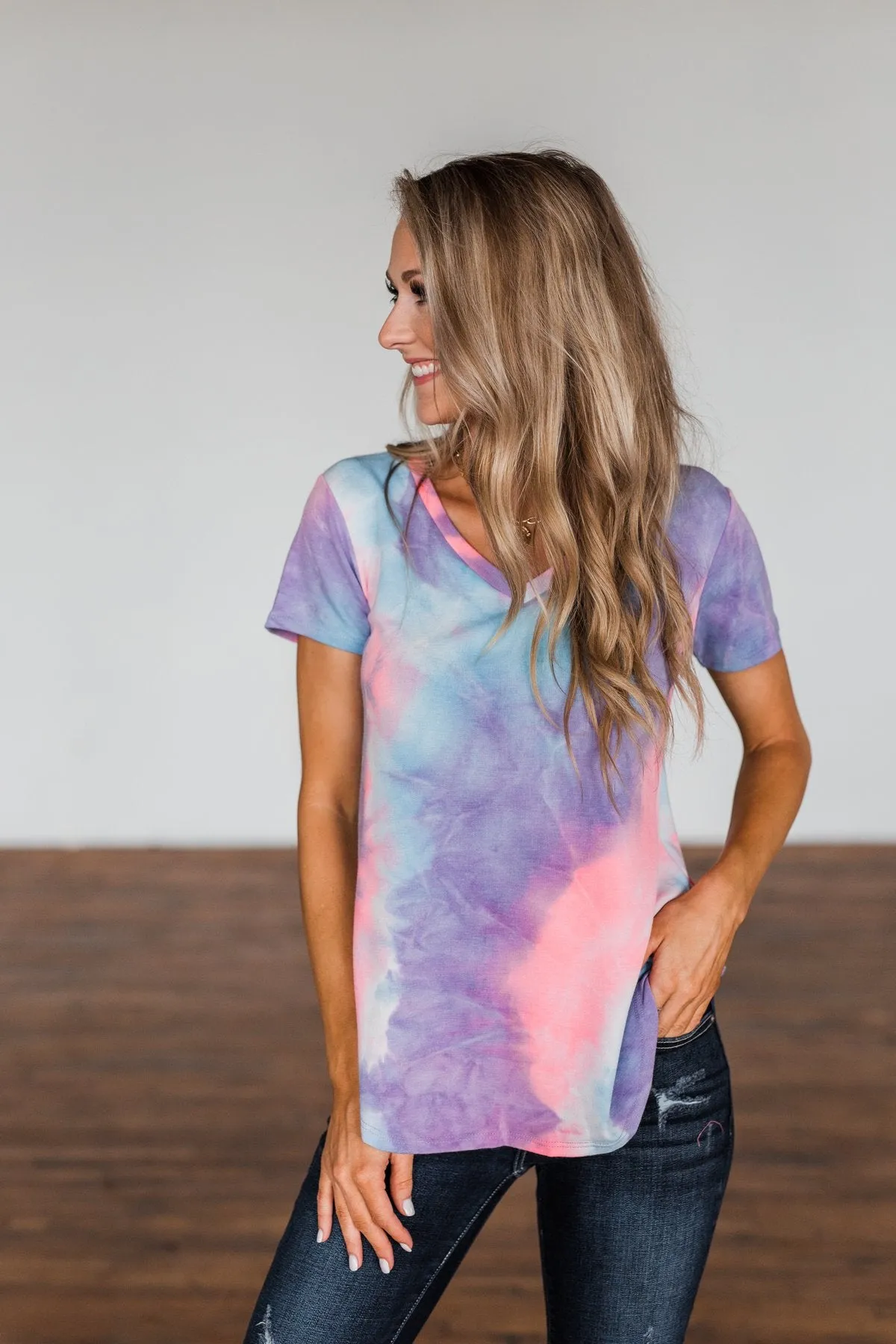 Draw Me Closer Tie Dye V-Neck Top- Blue, Pink, Purple