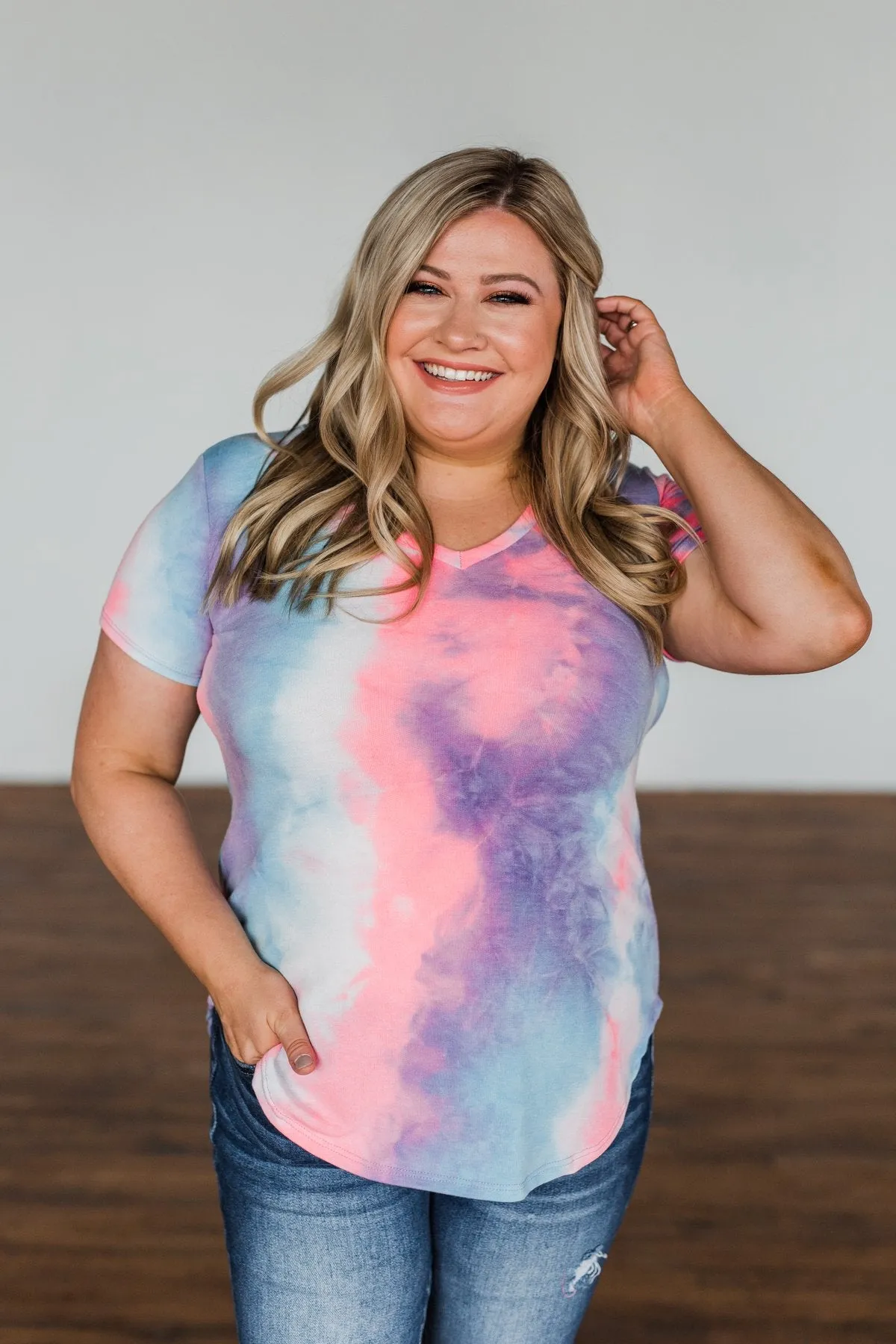 Draw Me Closer Tie Dye V-Neck Top- Blue, Pink, Purple