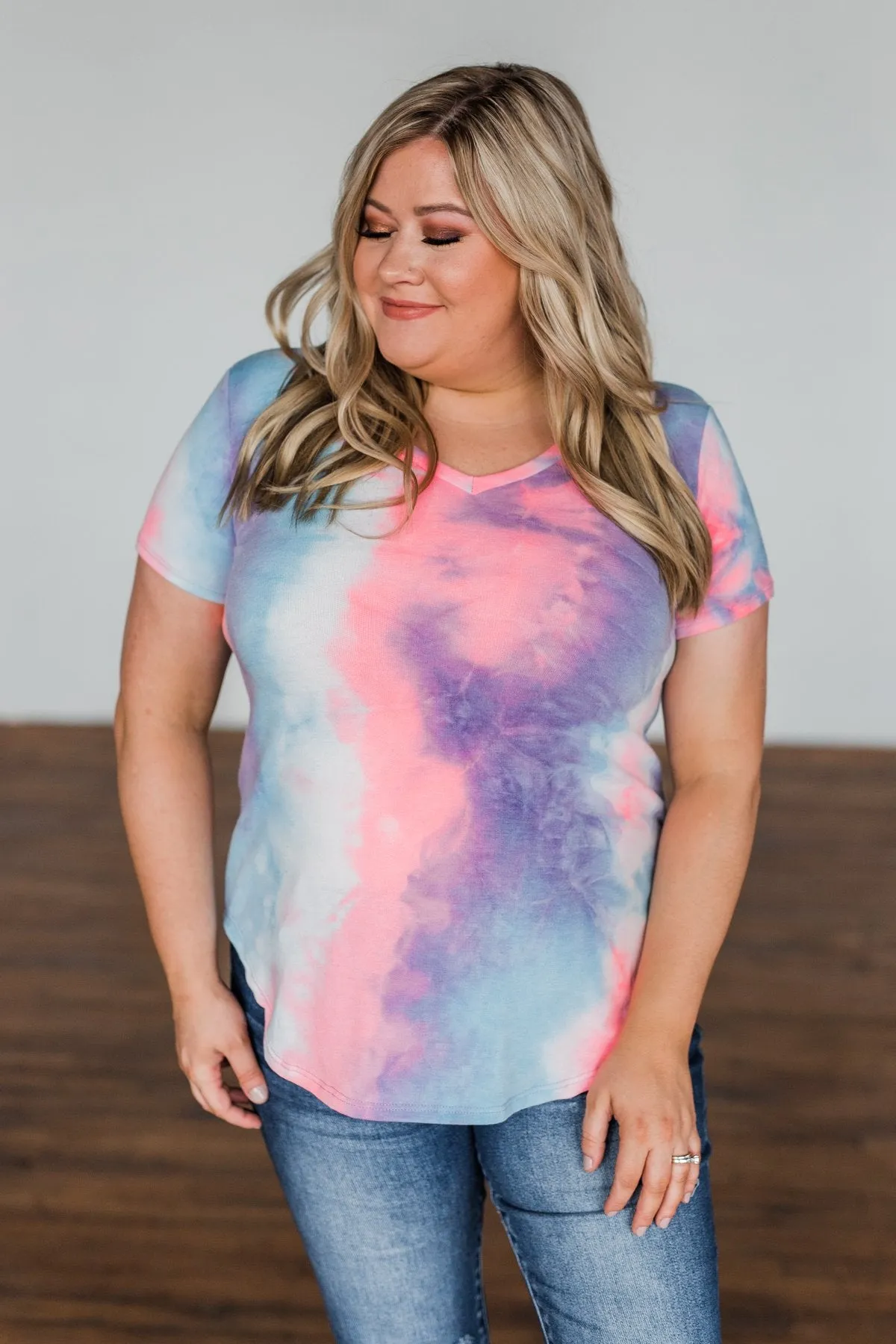 Draw Me Closer Tie Dye V-Neck Top- Blue, Pink, Purple