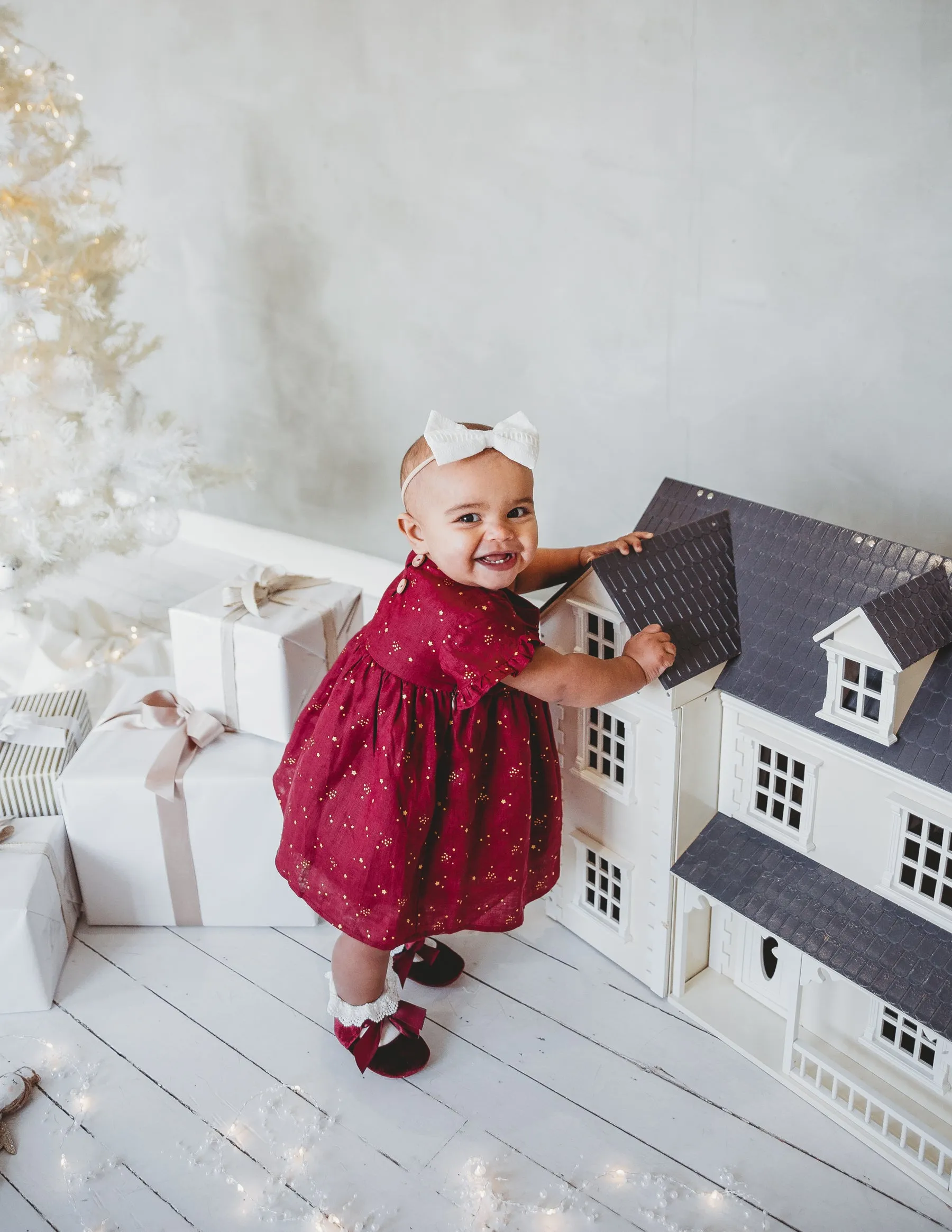 Baby Linen Dress With Golden Stars