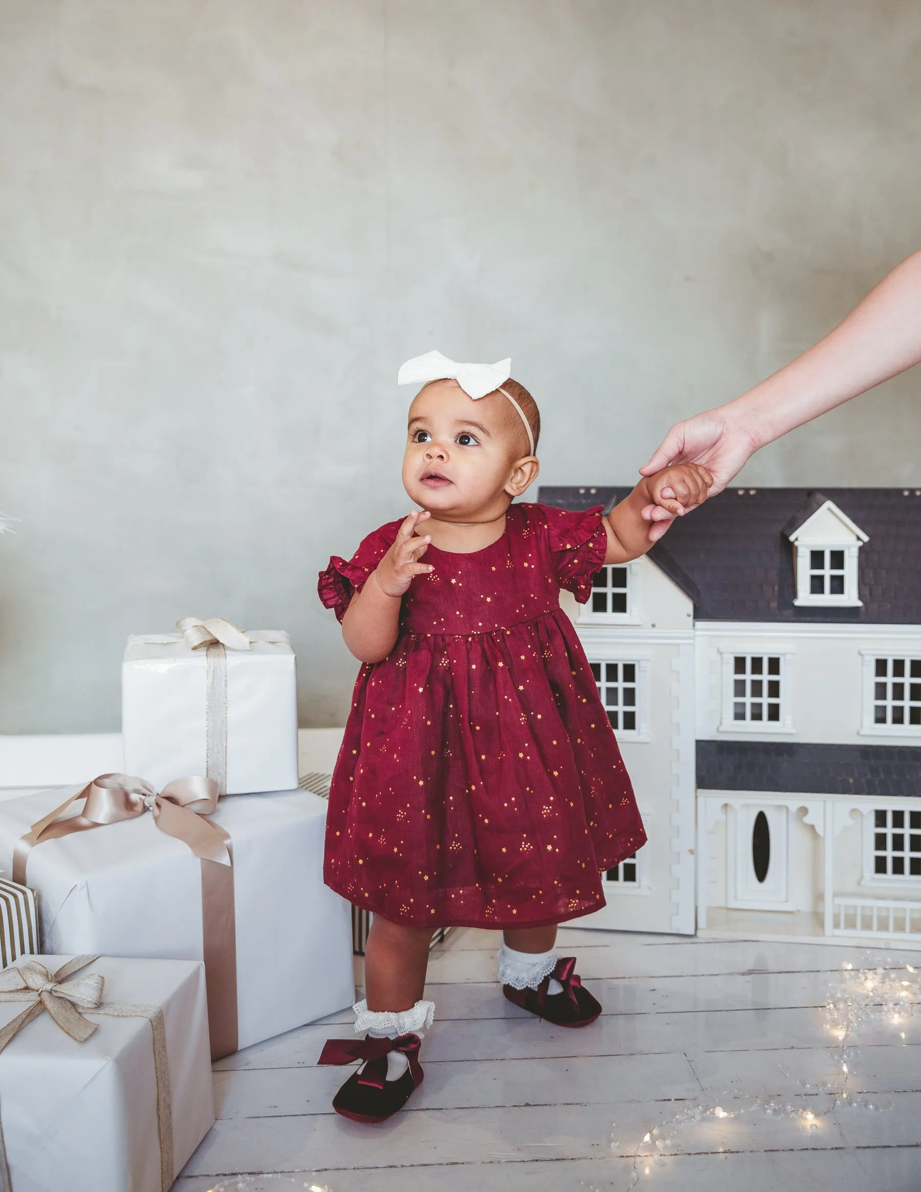 Baby Linen Dress With Golden Stars