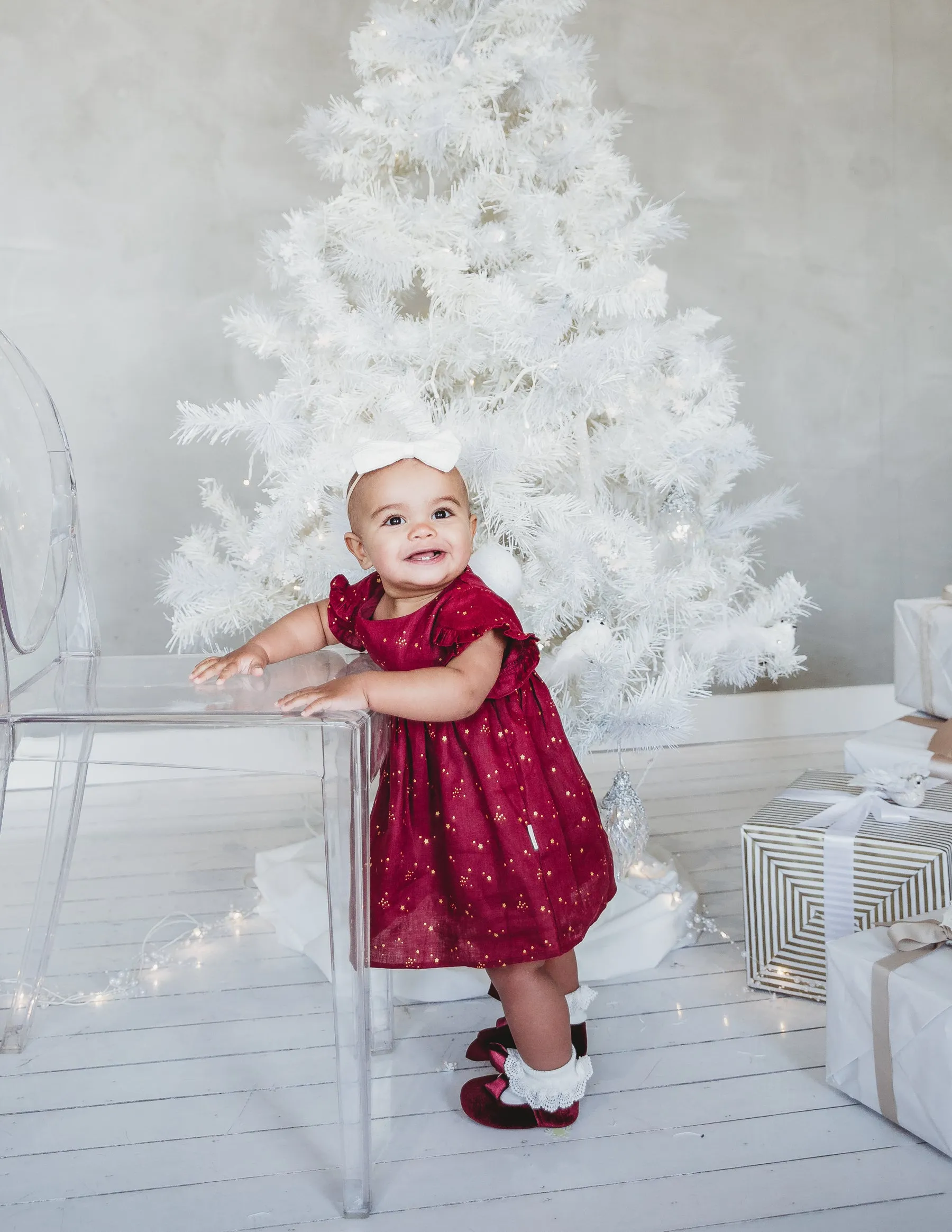 Baby Linen Dress With Golden Stars