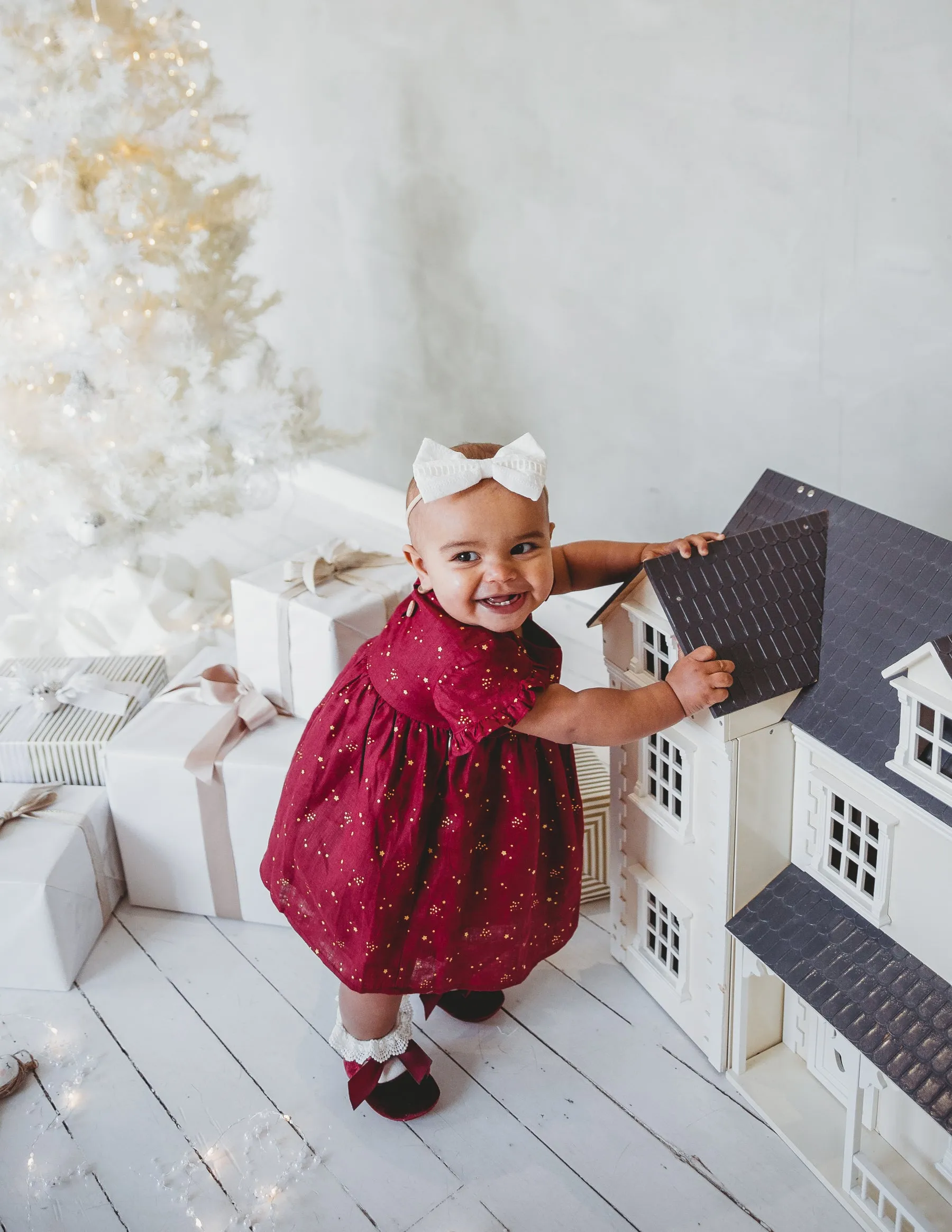 Baby Linen Dress With Golden Stars