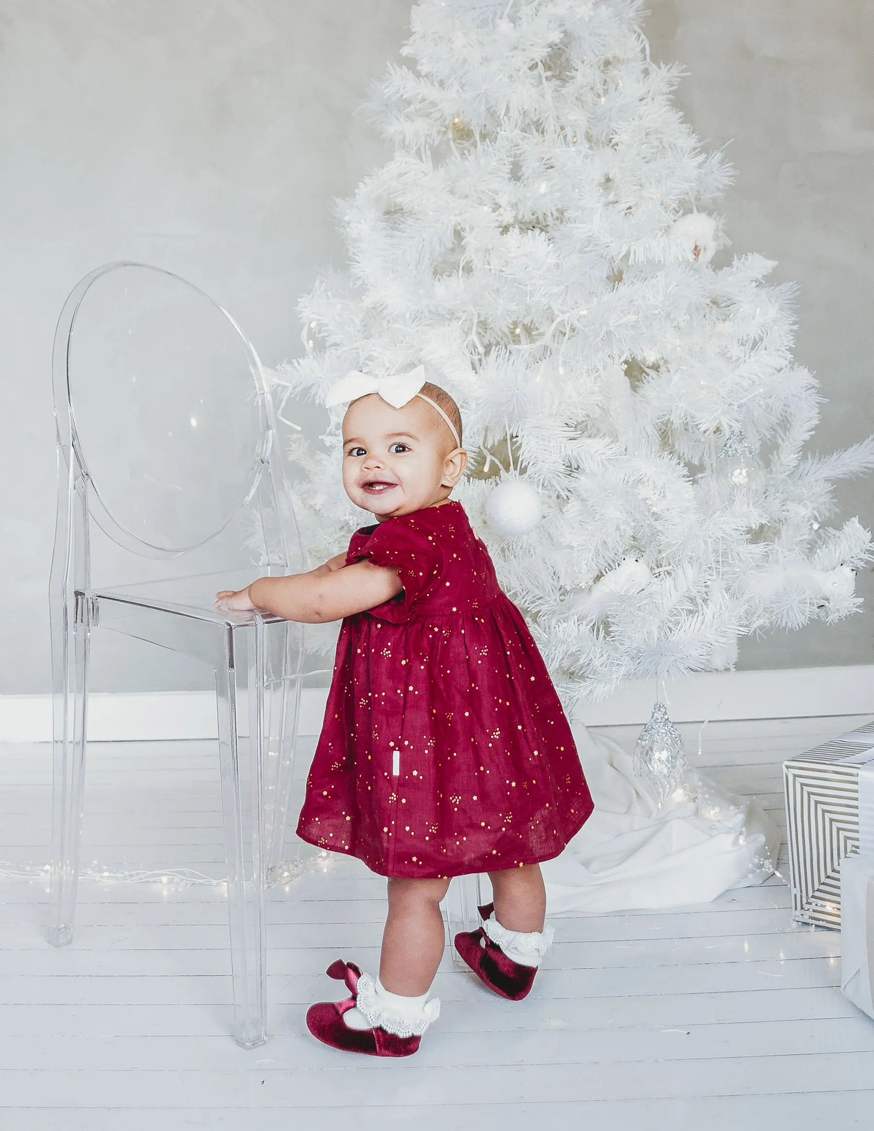 Baby Linen Dress With Golden Stars