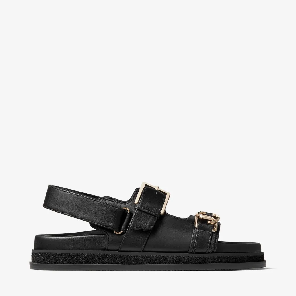 Elyn Flat Black Calf Leather Flat Sandals