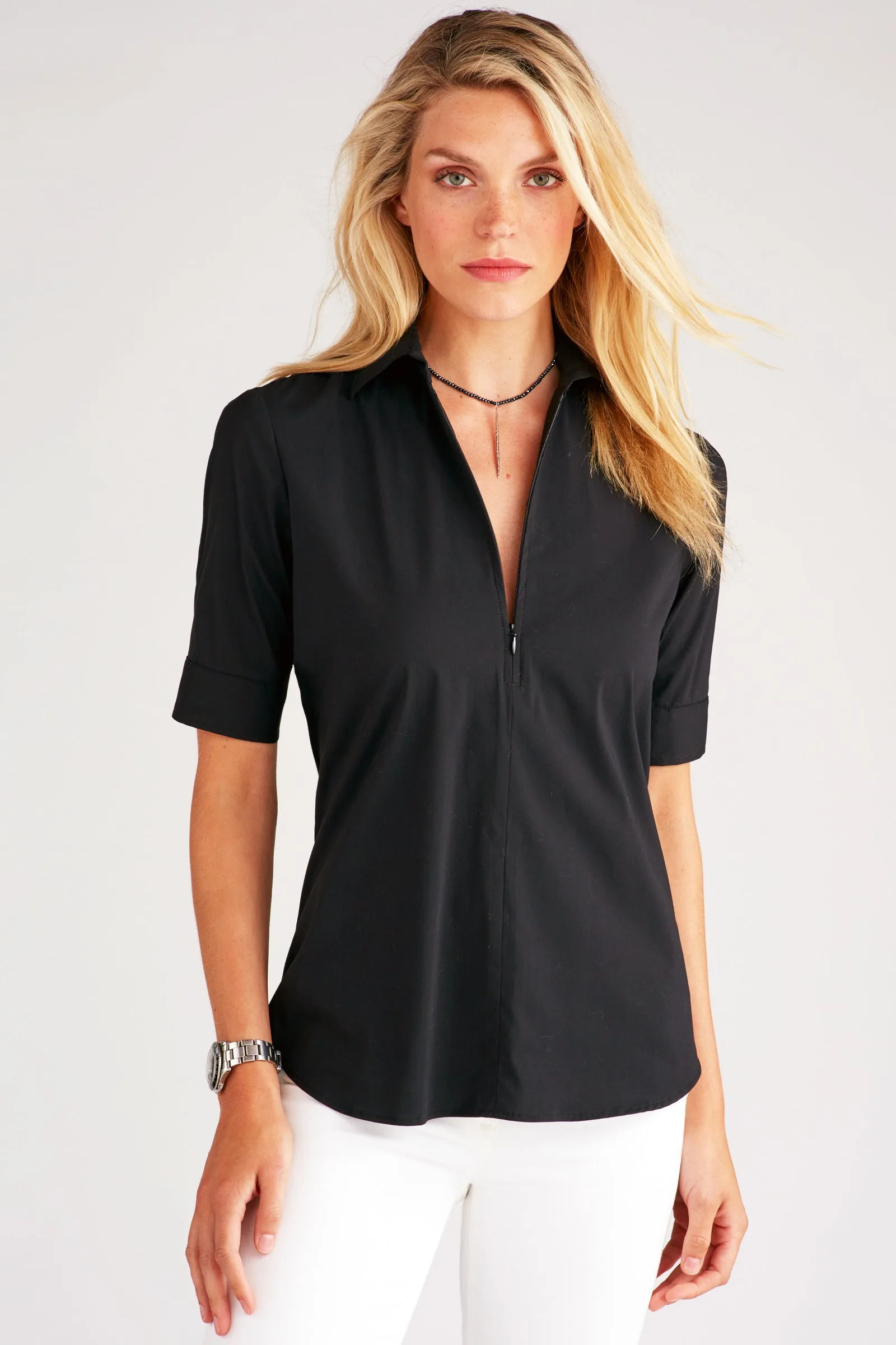 Endora Short Sleeve 1/2 Zip Shirt Black