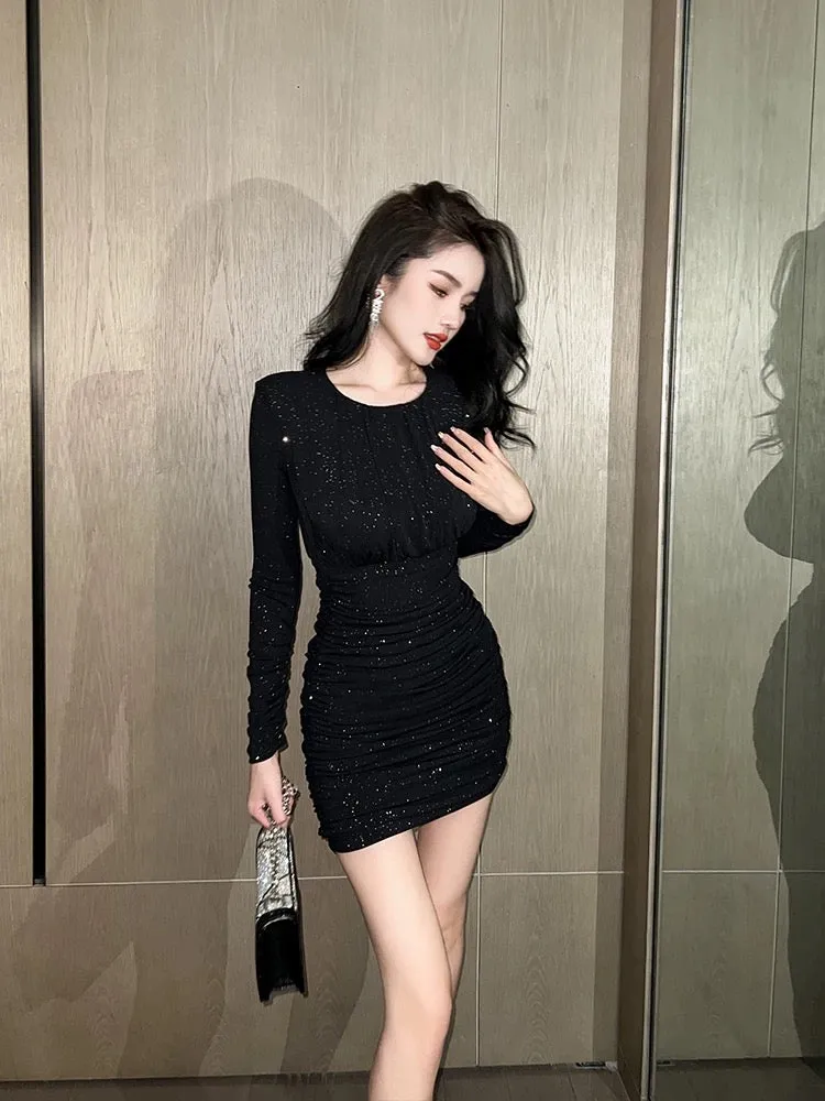 European Hot Girl Sexy Dress Women 2024 Autumn and Winter New Fashion Style Round Neck Long Sleeve Pleated Hip Skirt