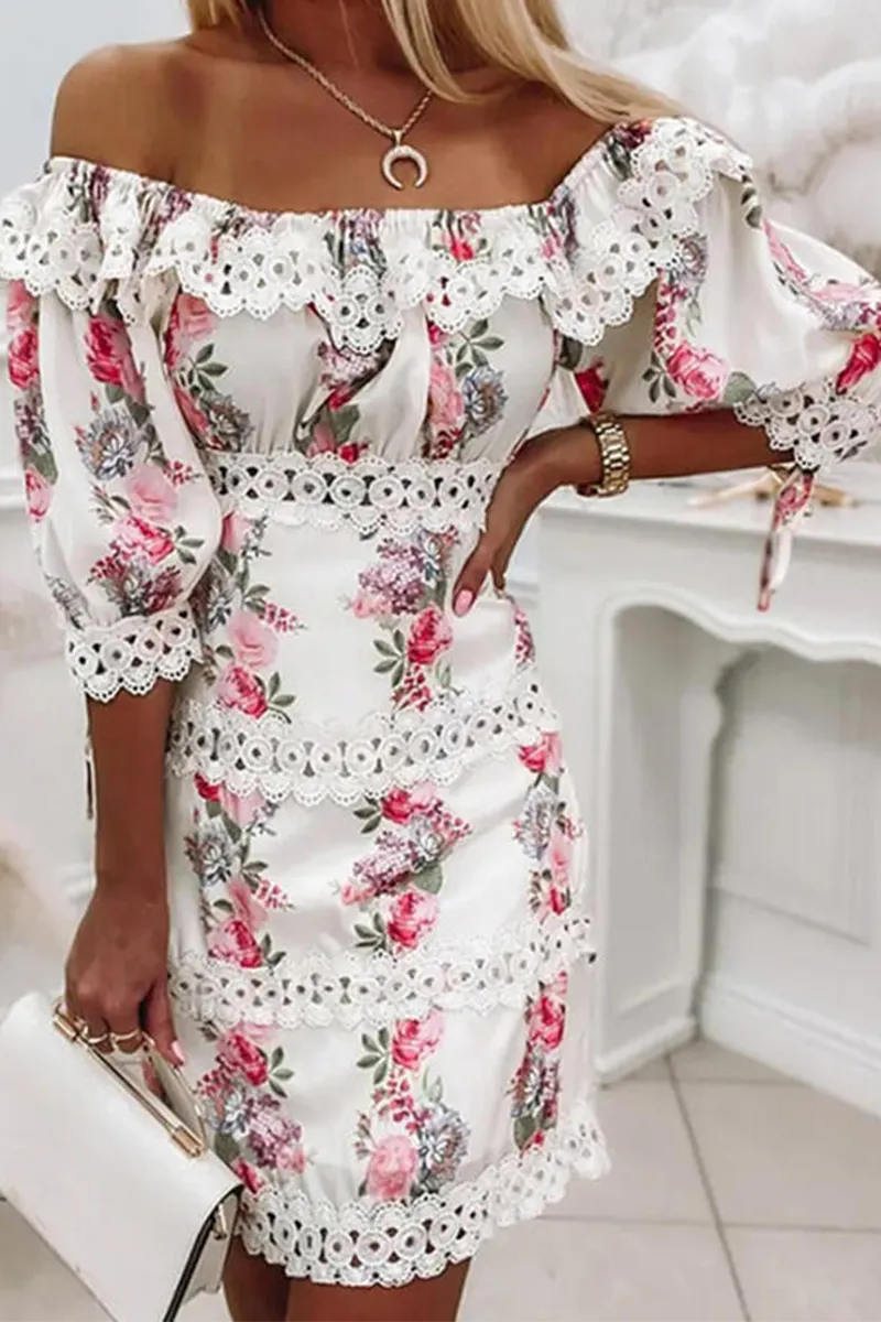 Fashion Print Split Joint Off the Shoulder Cake Skirt Dresses