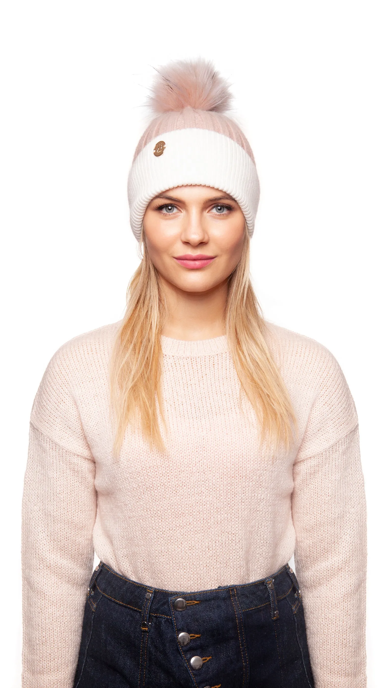 Faux Harley Pom Pom Hat - Blush/Ivory