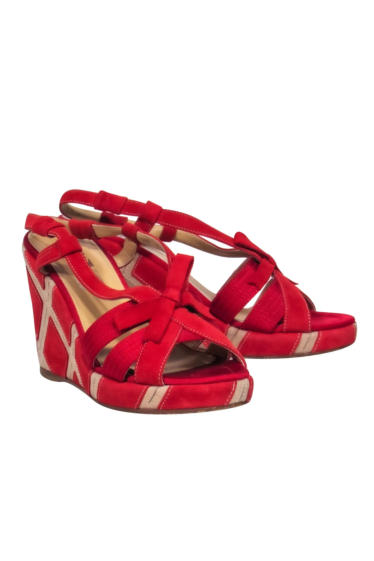 Ferragamo - Red Suede Open Toe Strappy Slingback Wedges w/ Pattern Heels Sz 9