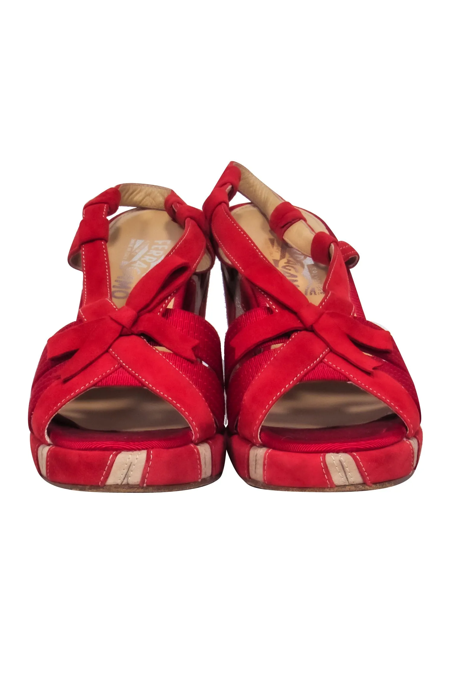 Ferragamo - Red Suede Open Toe Strappy Slingback Wedges w/ Pattern Heels Sz 9