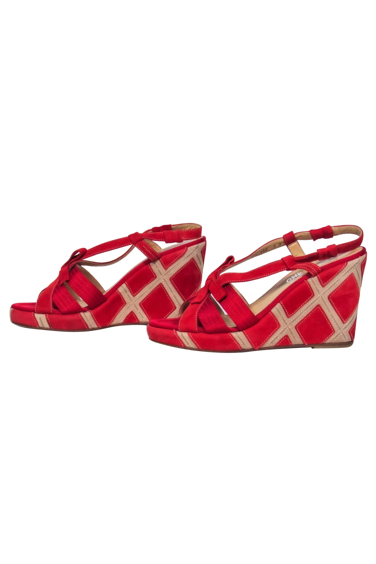 Ferragamo - Red Suede Open Toe Strappy Slingback Wedges w/ Pattern Heels Sz 9