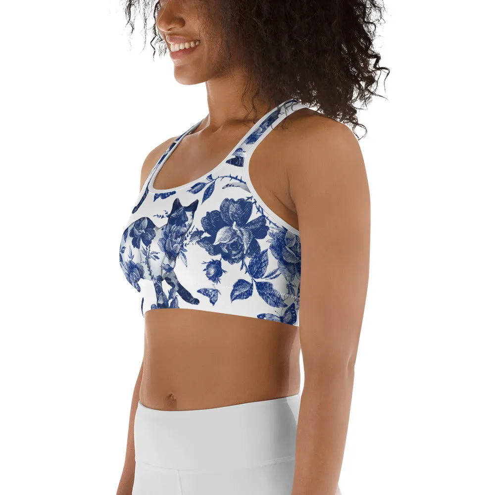 Floral Porcelain Cats Sports Bra