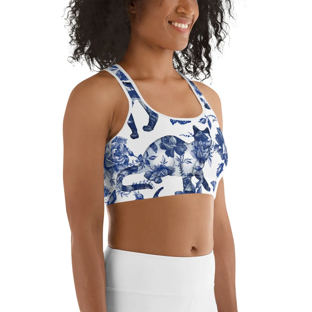 Floral Porcelain Cats Sports Bra