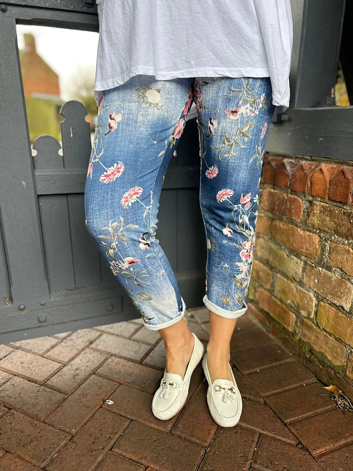 Floral Print Denim Joggers India