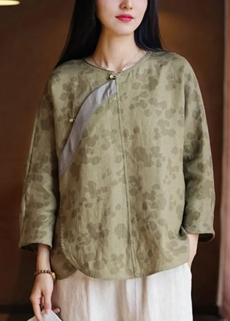 Green French linen shirt with button print and O neck for Spring - CG1046.