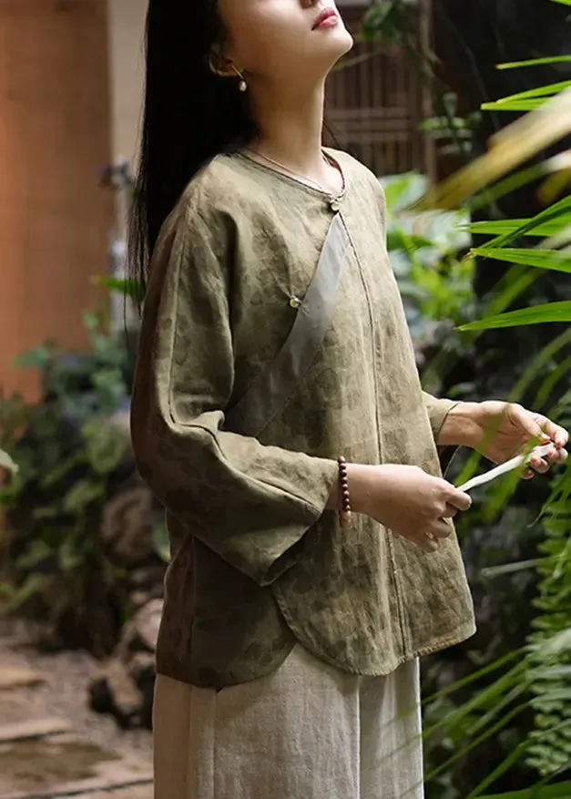 Green French linen shirt with button print and O neck for Spring - CG1046.