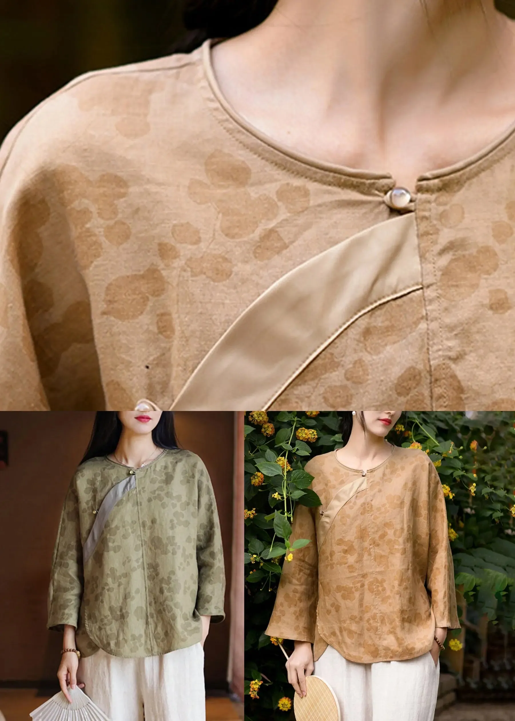 Green French linen shirt with button print and O neck for Spring - CG1046.