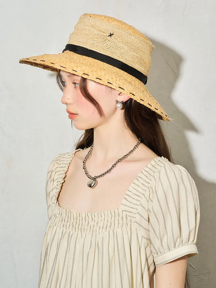 French Style Sunscreen Black Strap Straw Hat