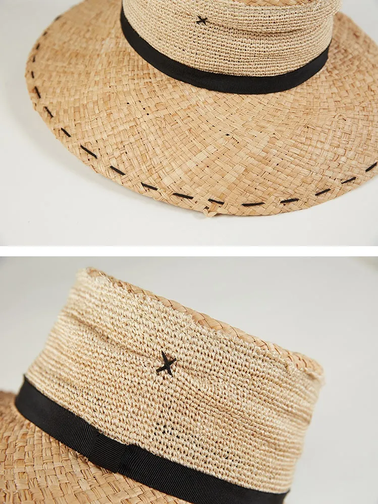 French Style Sunscreen Black Strap Straw Hat