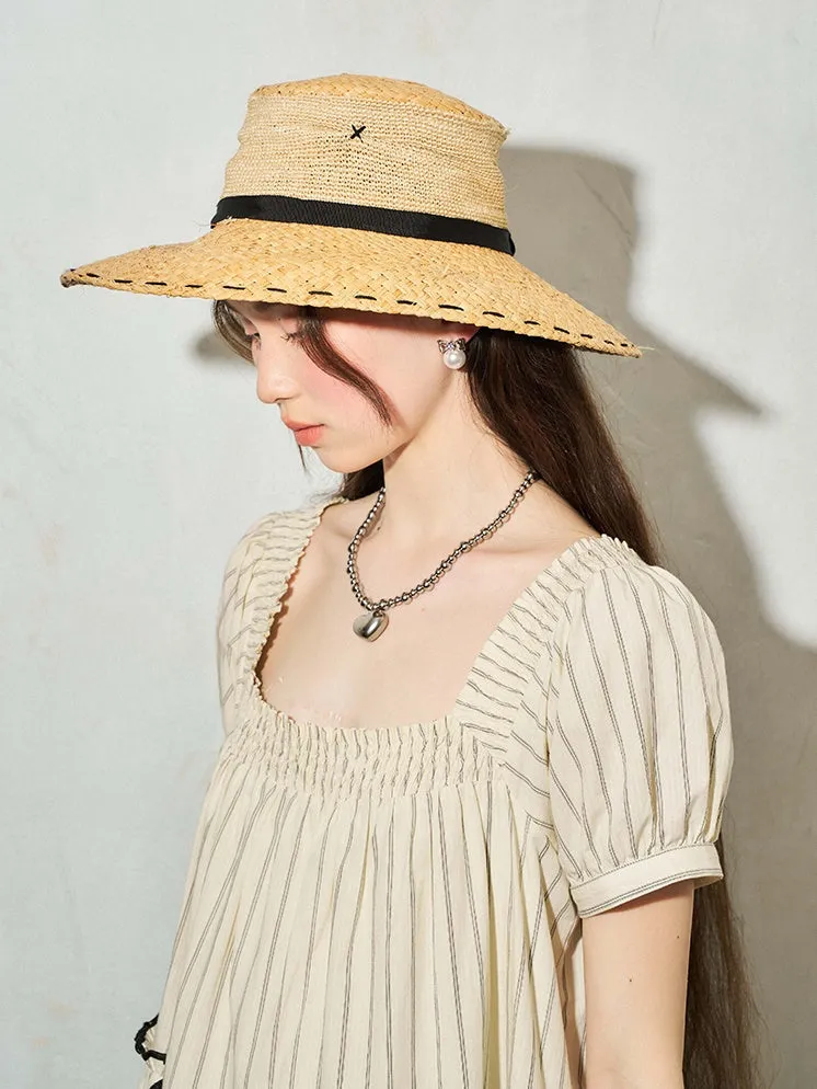 French Style Sunscreen Black Strap Straw Hat