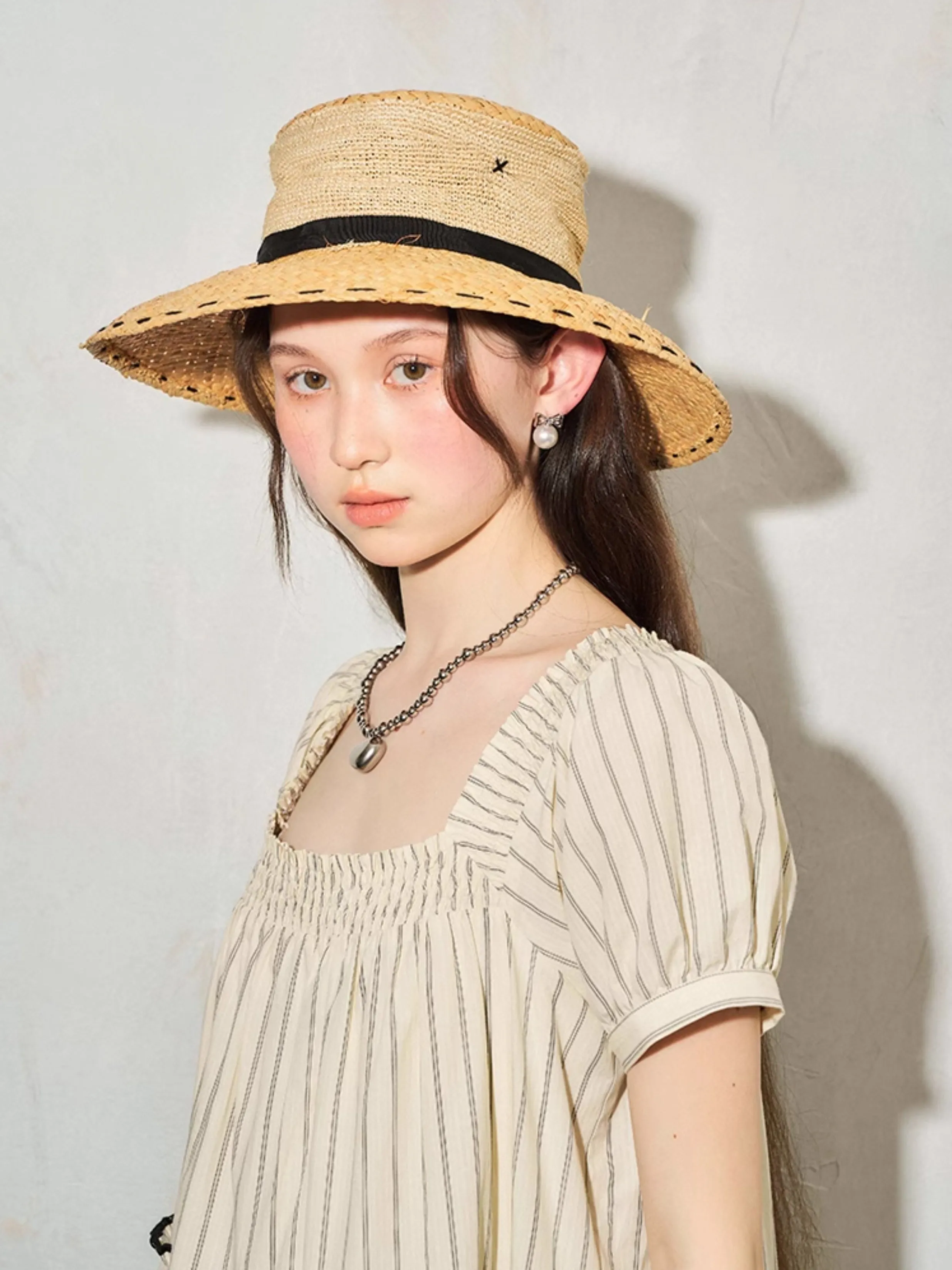 French Style Sunscreen Black Strap Straw Hat