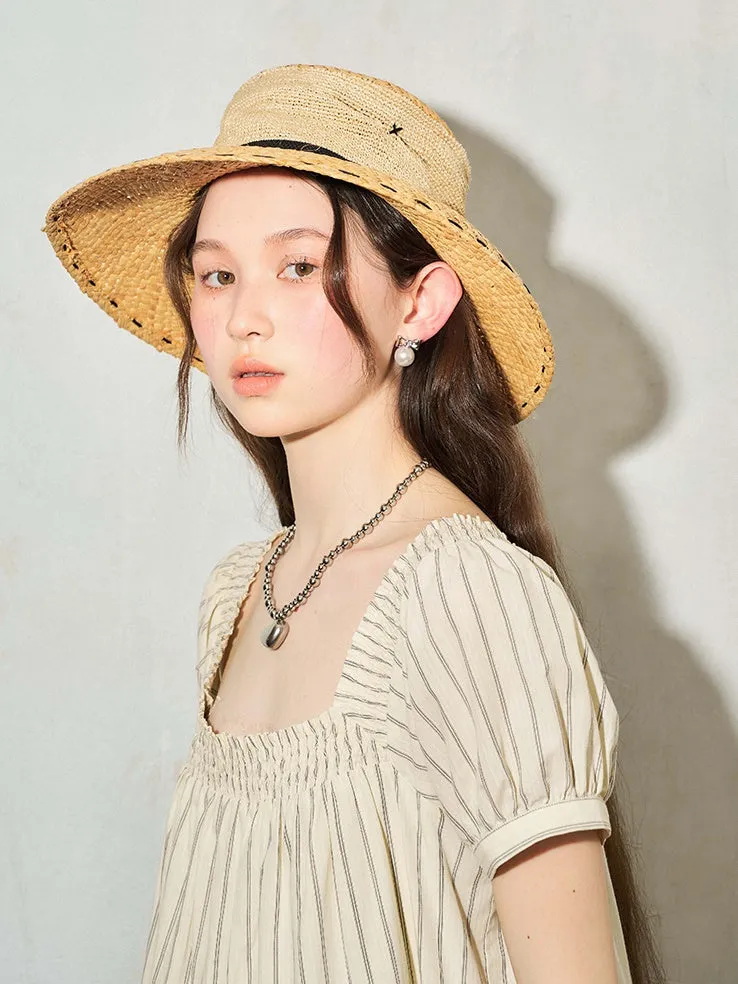 French Style Sunscreen Black Strap Straw Hat