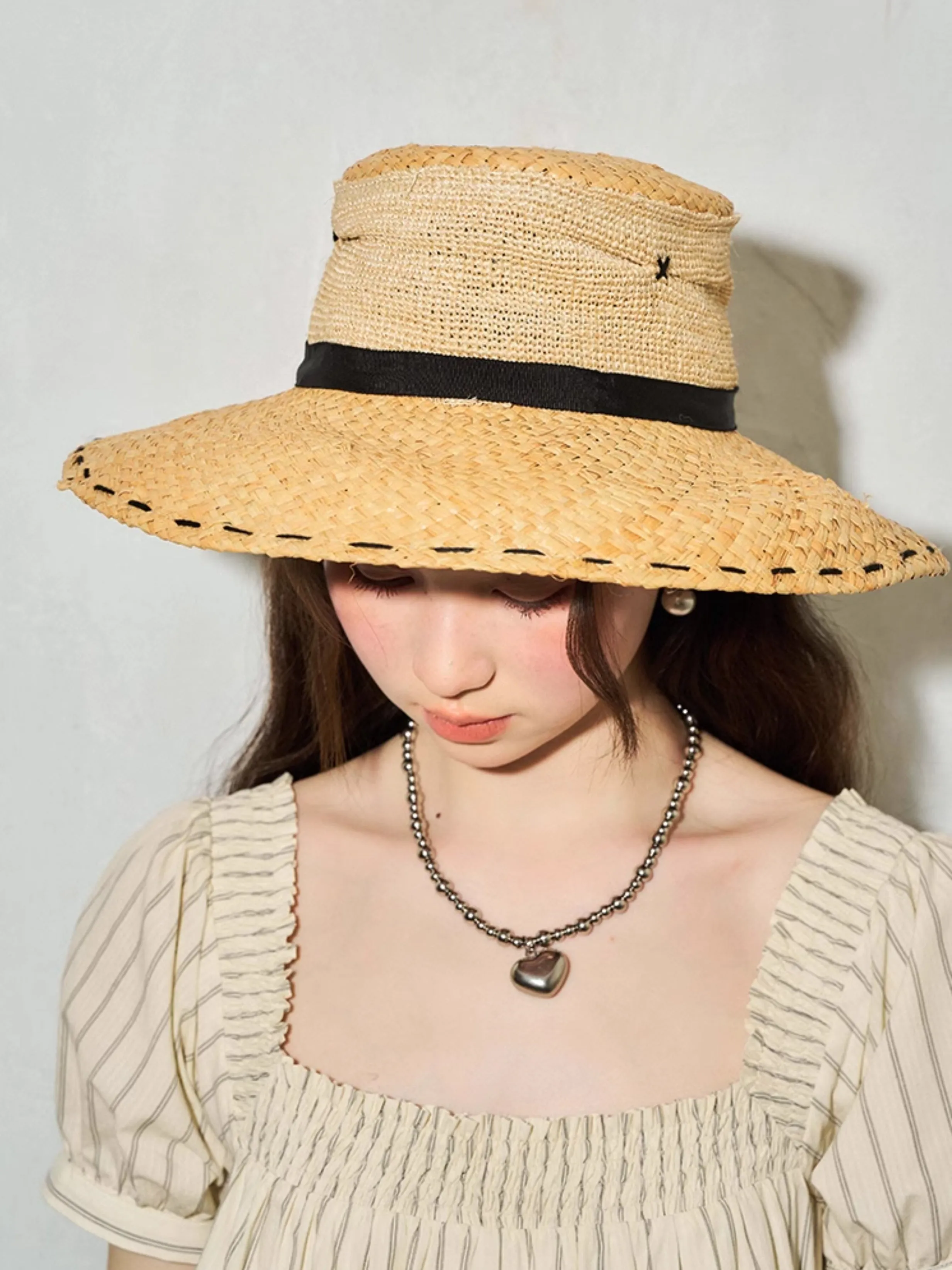 French Style Sunscreen Black Strap Straw Hat