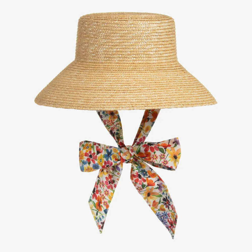 Girls Beige Straw Sun Hat